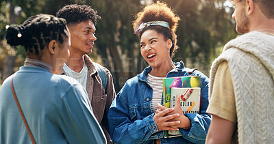 Buy stock photo People, students and outdoor with group, smile and textbook for conversation on university campus. Friends, happy and talking for education, development and scholarship in learning, college or school