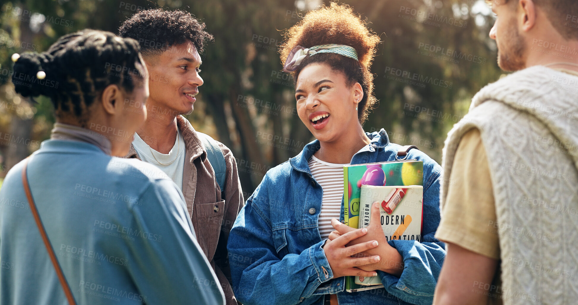 Buy stock photo People, students and outdoor with group, smile and textbook for conversation on university campus. Friends, happy and talking for education, development and scholarship in learning, college or school