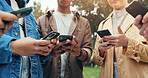 Students, hands and phone outdoor with social media, text and scroll for meme in group on campus. University, garden and college ground with mobile app, streaming and online course with friends