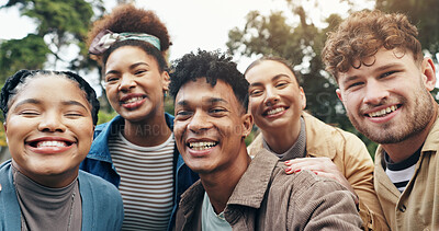 Buy stock photo Selfie, students and happy in portrait on campus for university memory, social media post or profile picture update. Study group, diversity and friends in photograph at college with laughing or smile