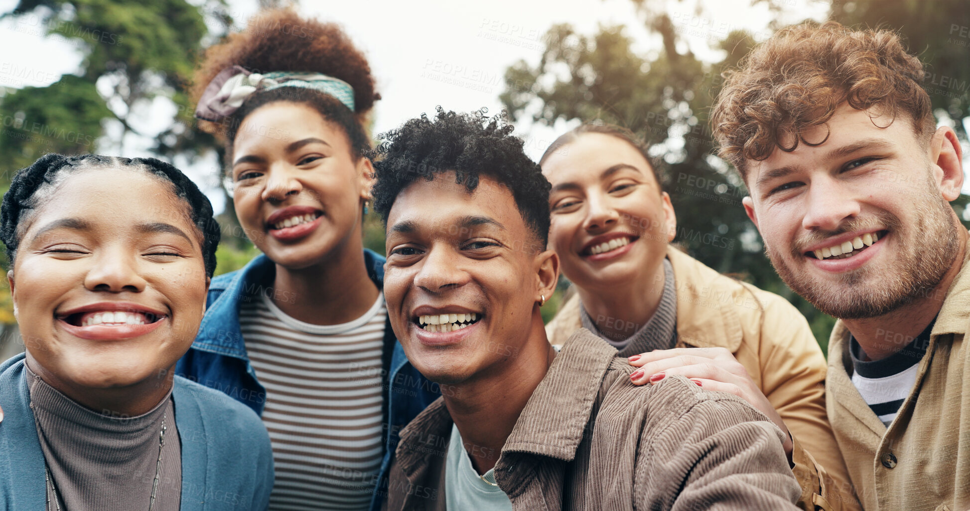 Buy stock photo Selfie, students and happy in portrait on campus for university memory, social media post or profile picture update. Study group, diversity and friends in photograph at college with laughing or smile