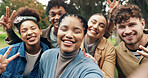 Selfie, students or peace sign in portrait at college for campus memory, social media post or profile picture update. Study group, diversity or friends in photograph at university with break or happy