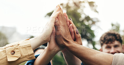 Buy stock photo Hands, students and high five for teamwork outdoor with education support, learning and study success. People, friends or collaboration for college future, scholarship and celebration of synergy goal