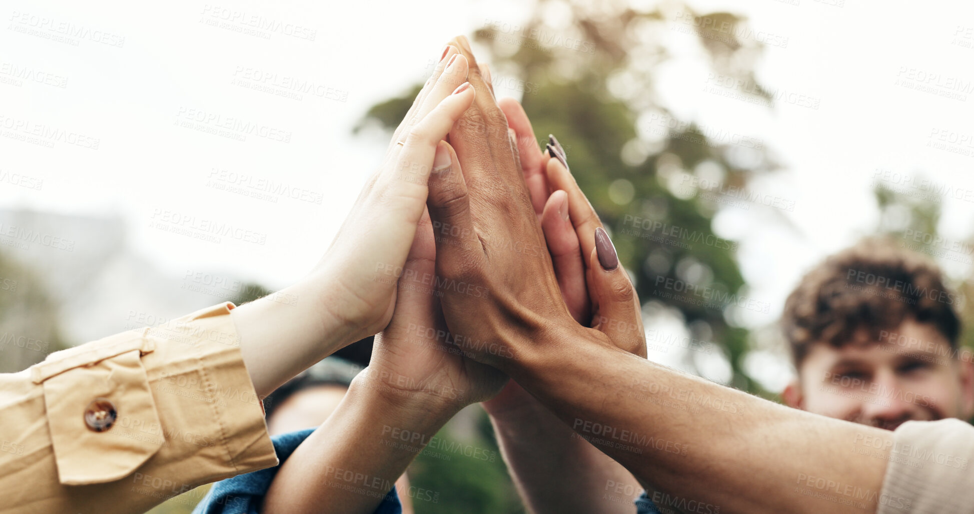 Buy stock photo Hands, students and high five for teamwork outdoor with education support, learning and study success. People, friends or collaboration for college future, scholarship and celebration of synergy goal