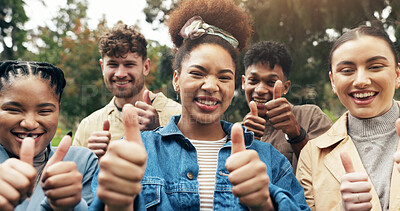 Buy stock photo Portrait, students and thumbs up for teamwork outdoor with education support, learning and study success. People, friends and collaboration with college future, agreement and celebration for synergy