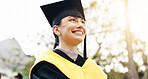 Outdoor, woman and smile for graduation at university with pride and confidence for future in Cuba. Female person, college learner and thinking for qualification, education and achievement on campus