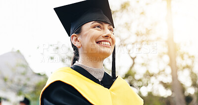 Buy stock photo Outdoor, woman and smile for graduation at university with pride and confidence for future in Cuba. Female person, college learner and thinking for qualification, education and achievement on campus