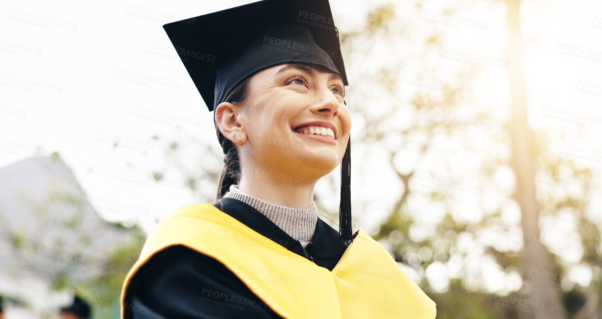 Buy stock photo Outdoor, woman and smile for graduation at university with pride and confidence for future in Cuba. Female person, college learner and thinking for qualification, education and achievement on campus