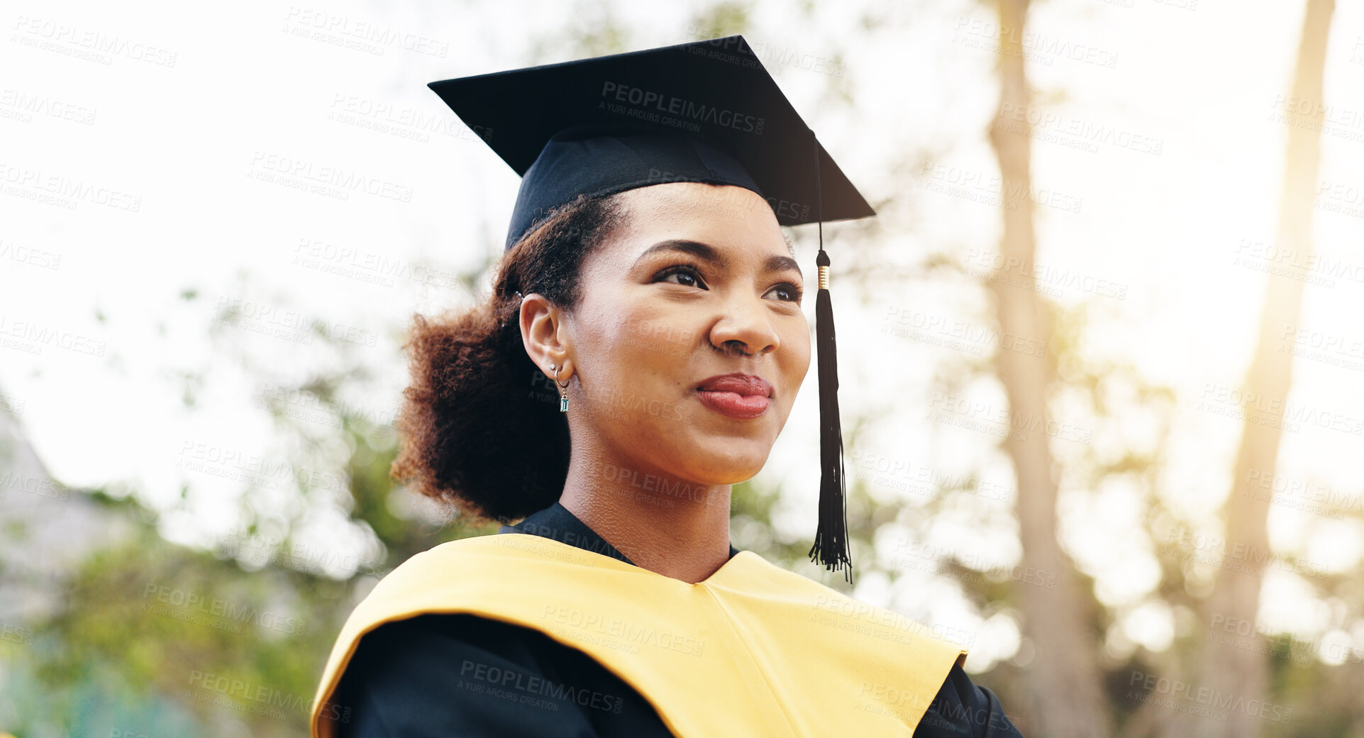 Buy stock photo Outdoor, woman and happy for graduation at university with pride and confidence for future in Cuba. Female person, college learner and smile for qualification, education and achievement on campus