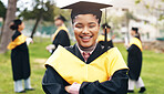 Arms crossed, black woman and happy for university graduation with pride, confidence and portrait in Cuba. Female person, college learner and smile for qualification, education or success on campus