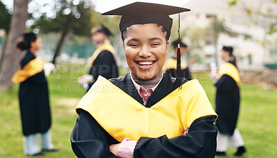 Buy stock photo Arms crossed, black woman and happy for university graduation with pride, confidence and portrait in Cuba. Female person, college learner and smile for qualification, education or success on campus