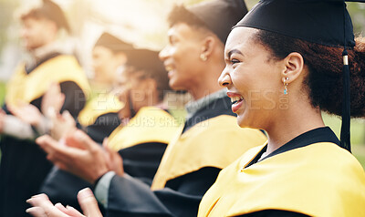 Buy stock photo Outside, students and applause for university graduation on campus for congratulations, well done and success. Classmates, people and happy with clapping hands for education and certificate ceremony 