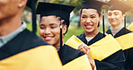 Row, graduation and people outdoor at university for achievement in degree, certificate or diploma. Happy, excited and woman with students in line for education study goal ceremony at college.