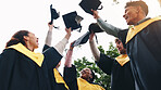 Students, excited and graduation cap in sky on campus with celebration and success People, college and university classmate or friends with smile or happy for qualification, education and achievement