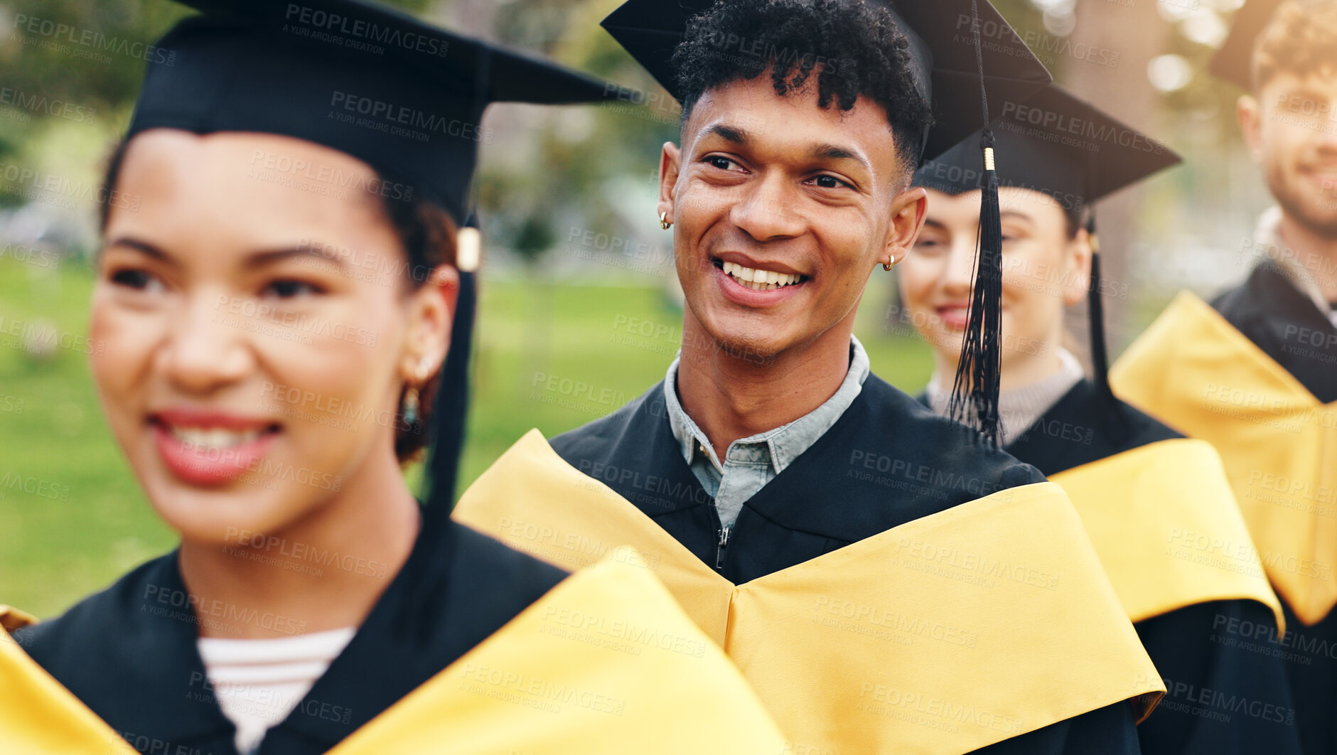 Buy stock photo Waiting, graduation and people outdoor at university for achievement in degree, certificate or diploma. Happy, excited and man with students in line for education study goal ceremony at college.