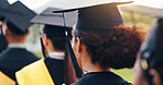 Row, graduation and back of people outdoor at university for achievement in degree, certificate or diploma. Waiting, campus and woman with students in line for education goal ceremony at college.