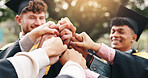 Students, graduation and happy with fist bump for unity, celebration and success. People, college and university classmate or friends with smile or excited for qualification, education or achievement