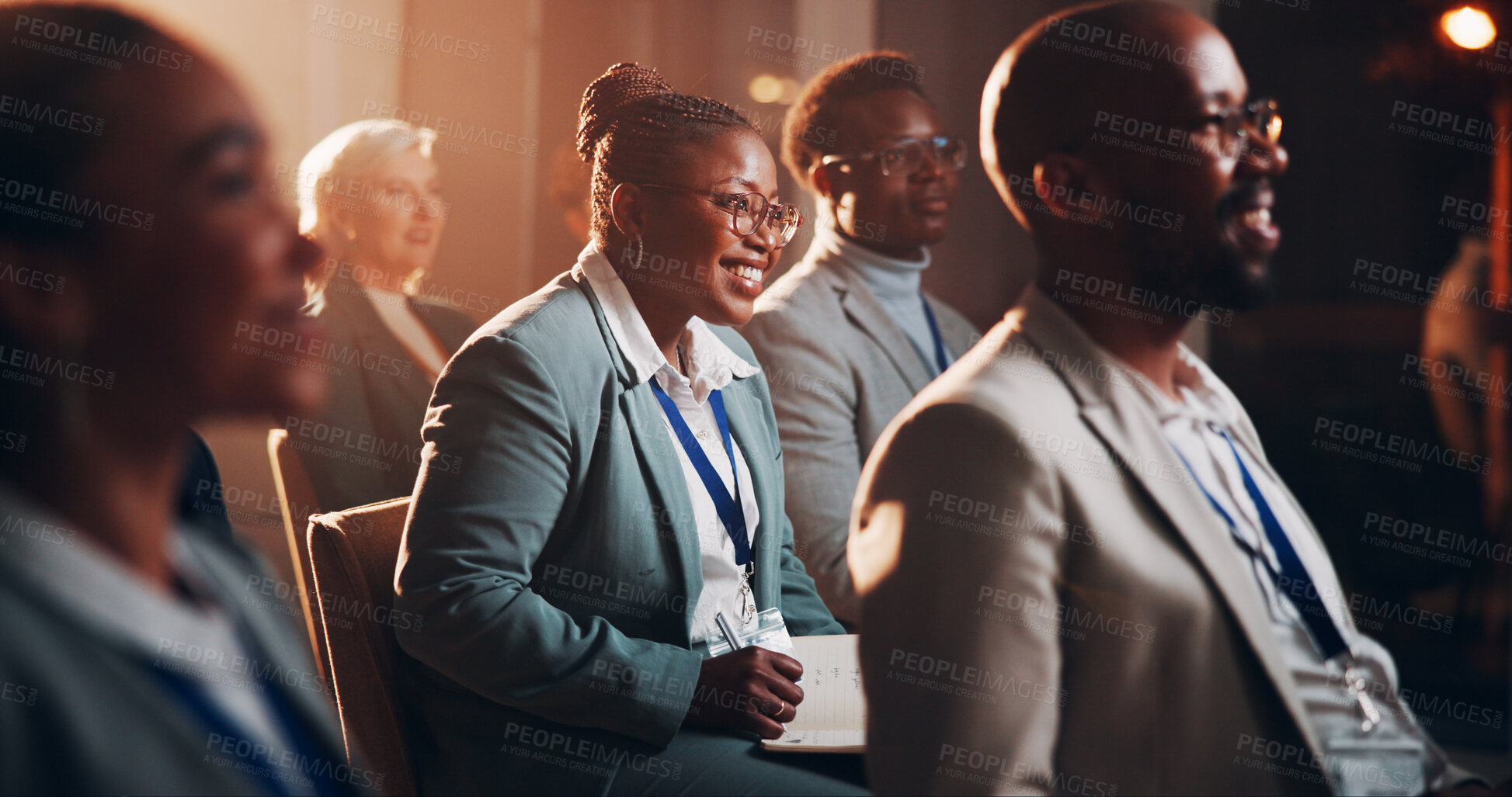 Buy stock photo Corporate, woman and writing at presentation seminar with notes, listening and business training of speech. Female person, crowd and meeting with learning information, coaching and feedback at event
