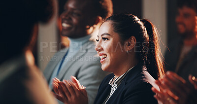 Buy stock photo Woman, smile and applause in seminar for business, employee engagement and positive reinforcement. Crowd, girl and clapping in conference room for presentation, productivity and feedback in campaign