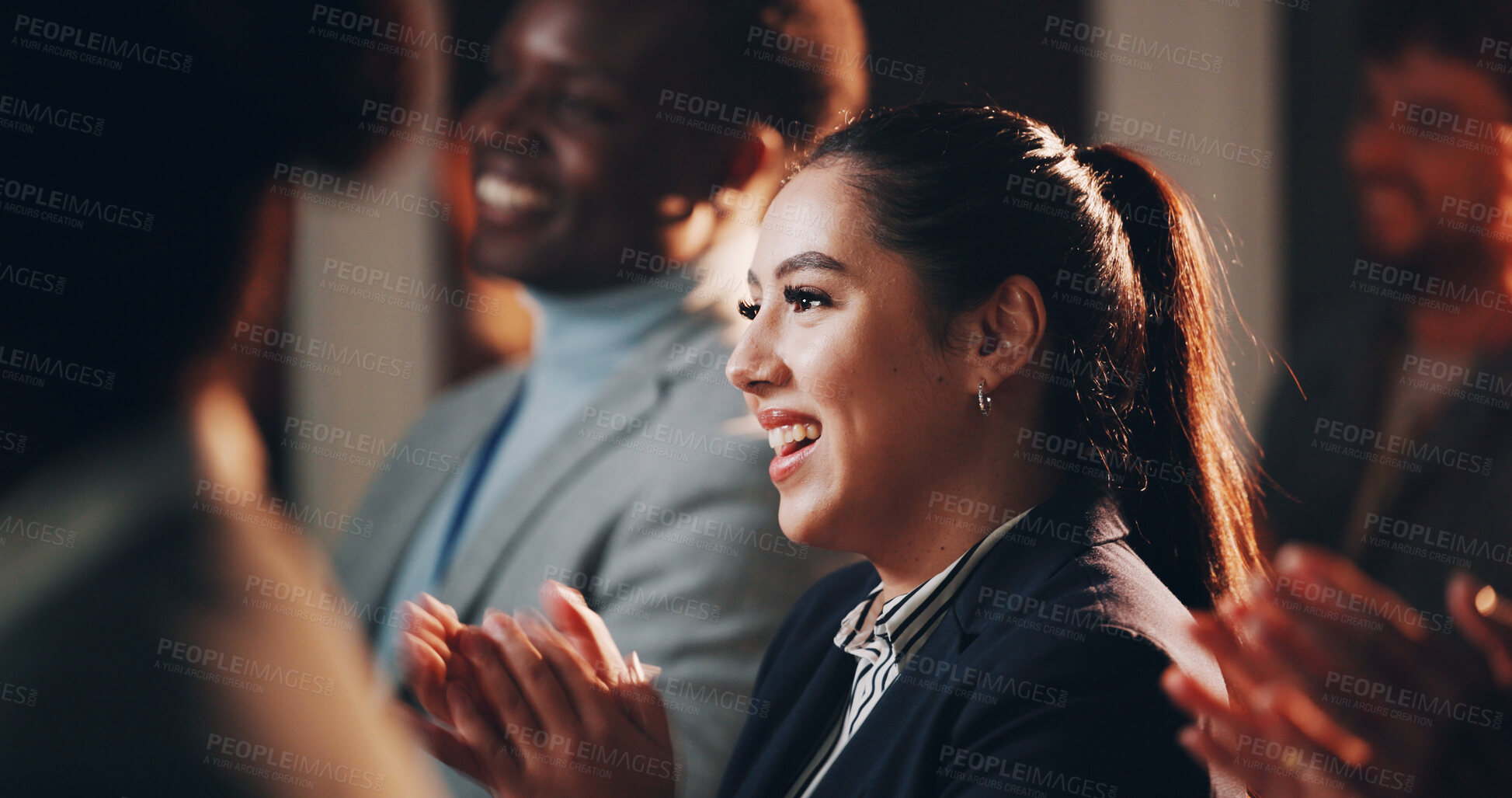 Buy stock photo Woman, smile and applause in seminar for business, employee engagement and positive reinforcement. Crowd, girl and clapping in conference room for presentation, productivity and feedback in campaign