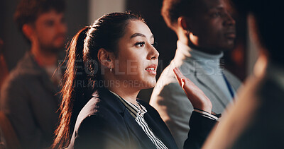 Buy stock photo Business, woman and question of presentation seminar for discussion, attention and corporate training. Female person, raised hand and meeting with crowd for coaching feedback, faq and answer of vote