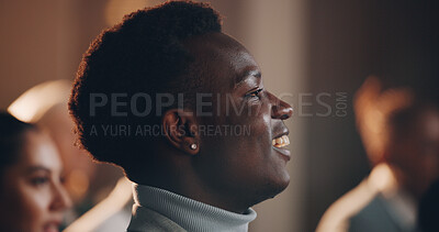 Buy stock photo Man, profile or smile in seminar for business, employee engagement or positive reinforcement for growth. Crowd, male person or happy in conference for presentation, productivity or campaign feedback