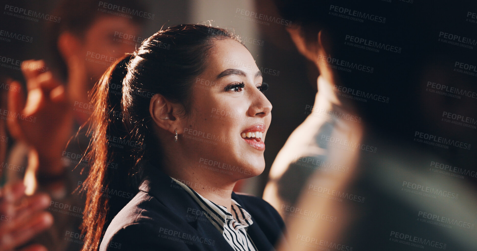 Buy stock photo Woman, smile or crowd in seminar for business, employee engagement or positive reinforcement for growth. Staff, girl or happy in conference room for presentation, productivity or feedback in campaign