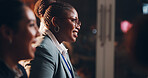 Woman, happy and glasses in seminar for business, employee engagement and positive reinforcement. Guest speaker, laugh and panel in conference for presentation, introduction and feedback for campaign