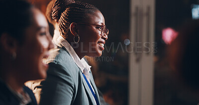 Buy stock photo Woman, happy and glasses in seminar for business, employee engagement and positive reinforcement. Guest speaker, laugh and panel in conference for presentation, introduction and feedback for campaign