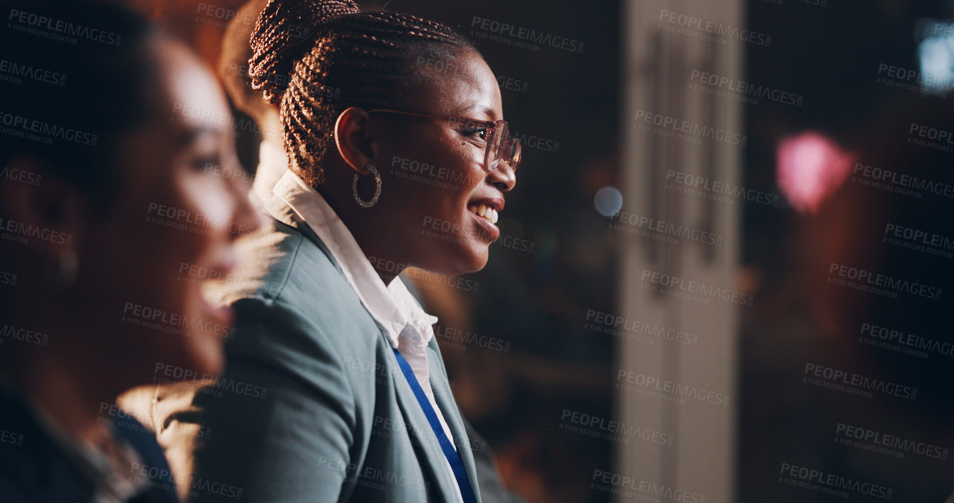 Buy stock photo Woman, happy and glasses in seminar for business, employee engagement and positive reinforcement. Guest speaker, laugh and panel in conference for presentation, introduction and feedback for campaign