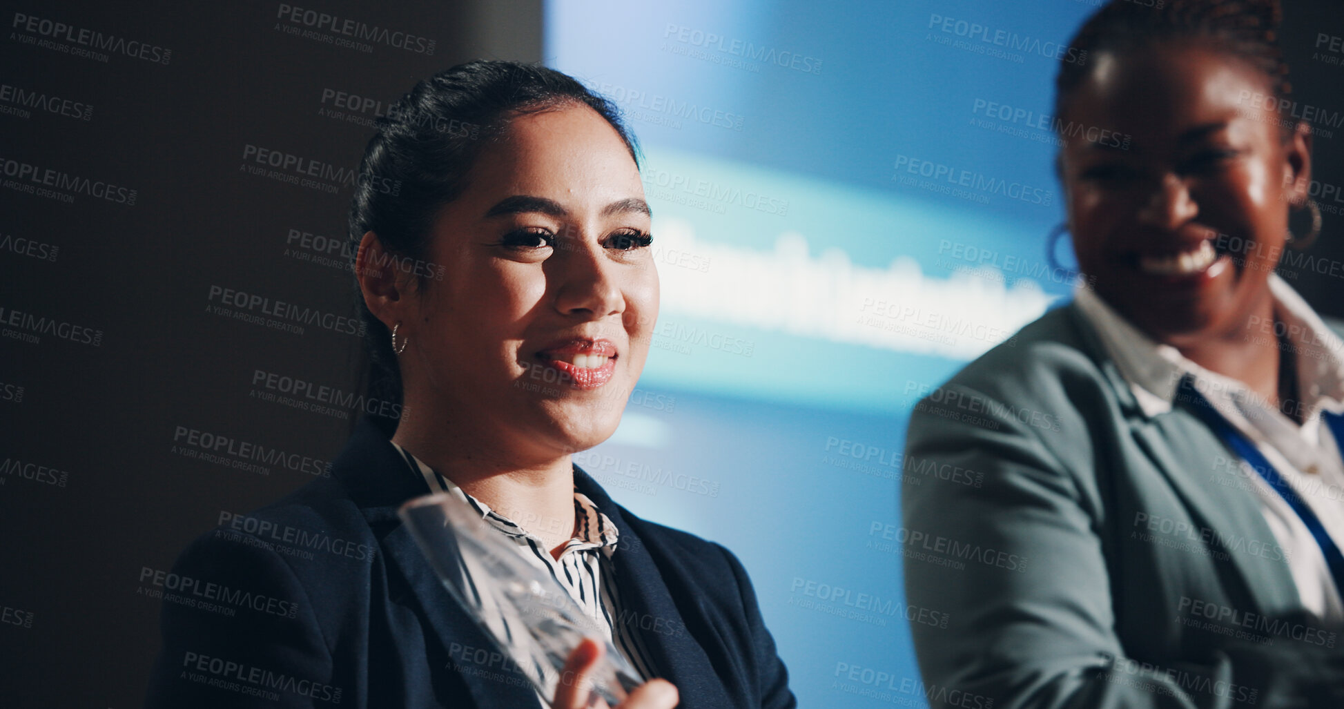 Buy stock photo Woman, speaker and introduction at convention, stage or discussion with seminar event for gender equality. Person, happy and info with speech, inclusion or feedback at conference with presentation