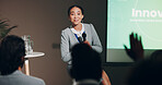 Woman, stage and question at conference for innovation and future discussion as public speaker. Female person, screen and presentation for global networking, seminar and summit in auditorium