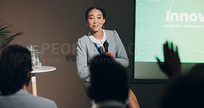 Buy stock photo Woman, stage and question at conference for innovation and future discussion as public speaker. Female person, screen and presentation for global networking, seminar and summit in auditorium