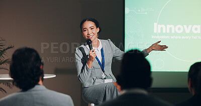 Buy stock photo Speaker, woman and presentation for innovation workshop or corporate responsibility as employees. Female person, business conference and discussion with mic for project on sustainability for audience