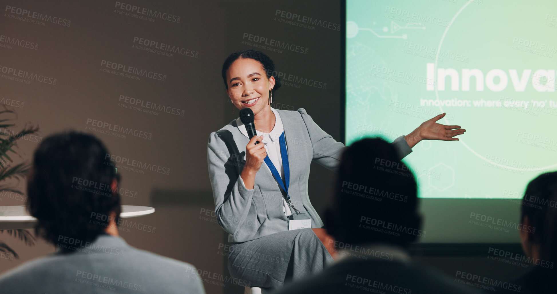 Buy stock photo Speaker, woman and presentation for innovation workshop or corporate responsibility as employees. Female person, business conference and discussion with mic for project on sustainability for audience