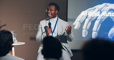 Buy stock photo Black man, speaker and mic for presentation speech of robotic workshop, coaching or conference on stage. Corporate, presenter and public speaking, business lecture and training pitch of auto machine