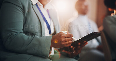 Buy stock photo Hands, woman and writing at presentation seminar for notes, listening and corporate training of speech. Business,  person and meeting with crowd for learning information, coaching feedback and event
