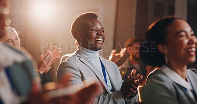 Buy stock photo Business, man and crowd with applause at seminar for  success, profit increase and presentation achievement. Smile, people and clapping hands for investment, winner and promotion celebration of award