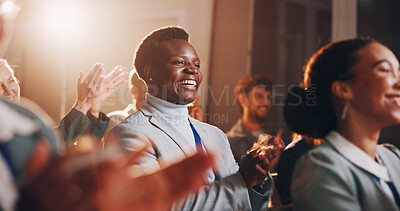 Buy stock photo Business, man and people with applause at seminar for  success, profit increase and presentation achievement. Smile, crowd and clapping hands for investment, winner and promotion celebration of award