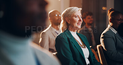 Buy stock photo Business woman, audience and happy for conference, presentation and global seminar with diversity. Corporate people, international and networking for collaboration, workshop and industry development