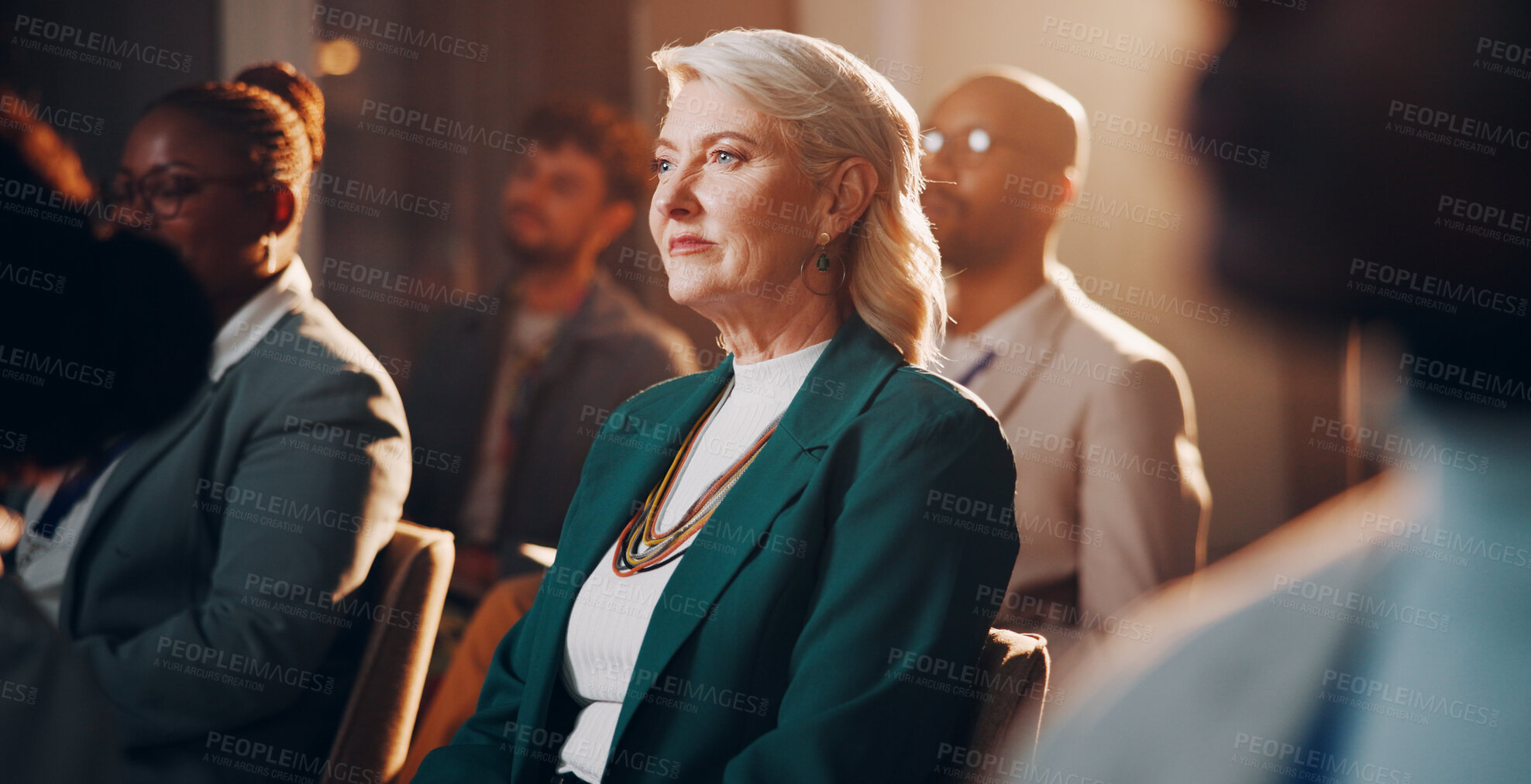 Buy stock photo Business woman, audience and development for conference, presentation and global seminar with diversity. Corporate event, convention and networking for collaboration, workshop and industry growth