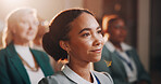 Woman, listening and crowd in seminar for business, employee engagement or positive reinforcement for growth. Staff, girl or smile in conference for presentation, productivity or feedback in campaign
