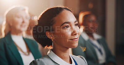 Buy stock photo Woman, listening and crowd in seminar for business, employee engagement or positive reinforcement for growth. Staff, girl or smile in conference for presentation, productivity or feedback in campaign
