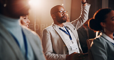 Buy stock photo Man, business people and raising hand with question in meeting for presentation, pitch or proposal. Male person, audience and collaboration for project, seminar or tradeshow as community in corporate