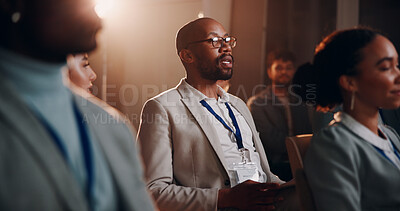 Buy stock photo Man, business people and conversation with employee in meeting for presentation, pitch or proposal. Male person, audience and collaboration for project, seminar or tradeshow as community in corporate