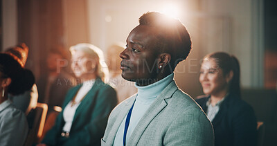 Buy stock photo Business people, audience and listening for conference, presentation and global seminar with diversity. Corporate event, convention and networking for collaboration, workshop and industry development