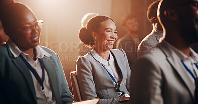 Buy stock photo Woman, happy or crowd in presentation for business, employee engagement or positive reinforcement for growth. Staff, girl or laugh in conference room for seminar, funny story or feedback in campaign