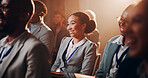 Business, woman and smile with presentation seminar for conference, speech or listening of corporate training. Happy, female person and meeting for crowd of learning information, convention and event