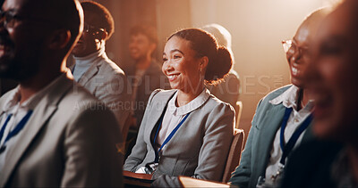 Buy stock photo Business, woman and smile with presentation seminar for conference, speech or listening of corporate training. Happy, female person and meeting for crowd of learning information, convention and event