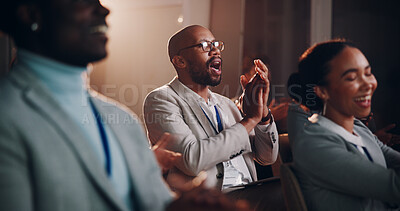 Buy stock photo Business, man and people with applause at seminar for  success, profit increase and presentation achievement. Smile, crowd and clapping hands for investment, winner and promotion celebration of award